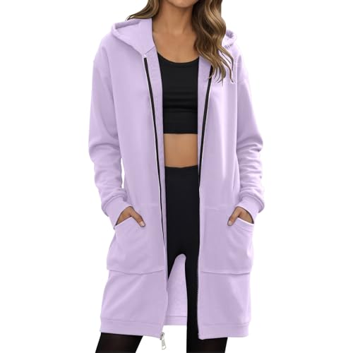 fleecemantel damen lang, Sweatjacke Damen Lang Hoodie Jacke Fleecejacke mit Reißverschluss Einfarbig Cardigan Oversize Casual Kapuzenpullover Übergangsjacke Winter Warm Mantel Kapuzenjacke Lila XXL von pxjsdwe