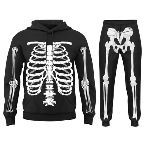 halloween kostüm herren, Herren Halloween Skelett Trainingsanzug Gruselig Lustig 3D Druck Kapuzenpullover und Jogginghose 2 Teilig Sportanzug Jogginganzug Oversized Hip Hop Tracksuit Schwarz XXL von pxjsdwe
