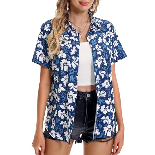 hemd damen weiß oversized, Hawaii Hemd Damen Baumwolle Casual Strandhemd Hawaiibluse Urlaub Kurzarm Hawaiihemd Kurzarmhemd Blumen Button Down Sommer Freizeithemd Blumenmuster Strand Sommerhemd von pxjsdwe