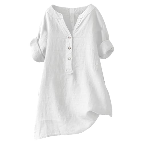 hemdbluse damen weiss, Musselin Bluse Damen Oversized Langarm Leinenbluse V-Ausschnitt Button Down Leinenhemd Longbluse Casual Elegant Einfarbig Blusen Oberteile Große Größen Leinen Hemdbluse 5XL von pxjsdwe