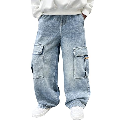jeans 110 jungen, Baggy Jeans Jungs Weites Bein Denim Hosen Jeanshosen Kinder Cargo Straight Leg Streetwear Freizeithose Loose Fit Stretch Relaxed Jogginghose Wanderhose Denimhose mit Elastischem Bund von pxjsdwe