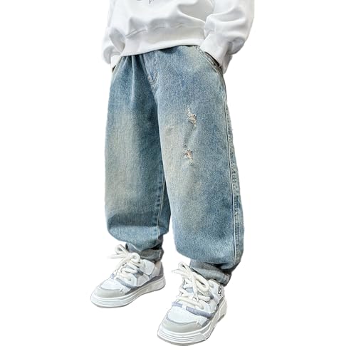 jeans 176 jungen, Baggy Jeans Jungs Weites Bein Denim Hosen Jeanshosen Kinder Cargo Straight Leg Streetwear Freizeithose Loose Fit Stretch Relaxed Jogginghose Wanderhose Denimhose mit Elastischem Bund von pxjsdwe