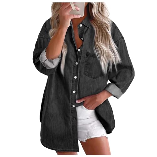 jeansbluse damen langarm, Jeansbluse Damen Lang Oversize mit Brusttaschen Oberteile Button Down Langarm Jeansjacke Jeanshemd Sommer Casual Hemdbluse Denim Hemd Elegant Regular Fit Freizeithemd von pxjsdwe