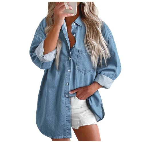 jeansjacke hellblau damen, Jeansbluse Damen Lang Oversize mit Brusttaschen Oberteile Button Down Langarm Jeansjacke Jeanshemd Sommer Casual Hemdbluse Denim Hemd Elegant Regular Fit Freizeithemd von pxjsdwe