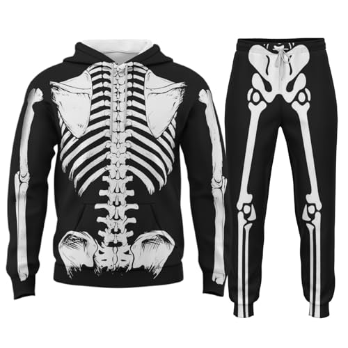 jogginganzug herren baumwolle, Herren Halloween Skelett Trainingsanzug Gruselig Lustig 3D Druck Kapuzenpullover und Jogginghose 2 Teilig Sportanzug Jogginganzug Oversized Hip Hop Tracksuit Schwarz XXL von pxjsdwe