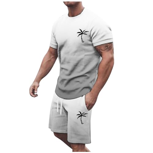 jogginganzug herren set schwarz, Sommer Outfit Herren 2 Teiler Trainingsanzug mit Palmenmotiv Zweiteiler Sportanzug Kurze Hose + Kurzarm T Shirt Sets Jogginganzug Freizeitanzug Casual Strand Outfit von pxjsdwe