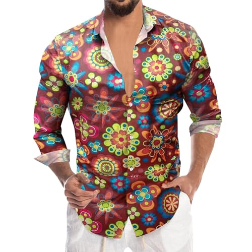kostüm Herren, Hippie Kostüm Herren Button Down Business Herrenhemd Langarm Regular Fit 80er Jahre Hemd 70er Jahre Hemd Casual Disco Party Freizeithemd Langarmhemd Hip Hop Retro Slim Businesshemd von pxjsdwe