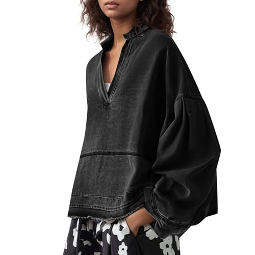kurze jeansbluse damen, Jeans Hemden Damen Button Down Oversize Oberteile Jeanshemd mit Brusttaschen Casual Hemdbluse Jeansbluse Langarm Sommer Denim Hemd Jeansjacke Locker Western Blusenshirt von pxjsdwe