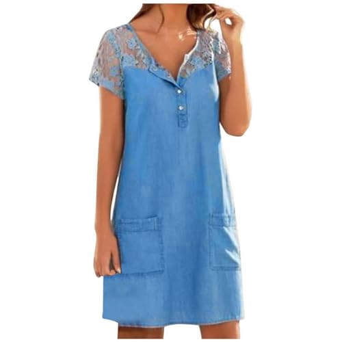 latzkleid Damen Jeans, Jeanskleid Damen Sommer Kurz A-Linie Casual Blusenkleid Freizeitkleid Kurzarm Hemdkleid Strandkleid Baumwolle Locker Denim Kleid Sommerkleid Blau Knielang Partykleid von pxjsdwe