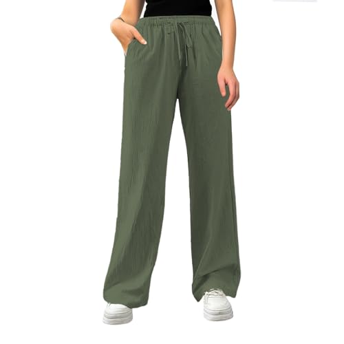 leinen hose damen sommer, Musselin Hose Damen Lang Leicht Sommerhose Stoffhose Einfarbig Weites Bein Freizeithose Gerade Geschnitten Leinenhose Casual Locker Strandhose mit Tunnelzug und Taschen von pxjsdwe
