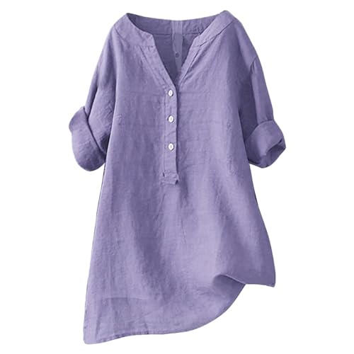 leinenhemd damen boho, Musselin Bluse Damen Oversized Langarm Leinenbluse V-Ausschnitt Button Down Leinenhemd Longbluse Casual Elegant Einfarbig Blusen Oberteile Große Größen Leinen Hemdbluse S-5XL XL von pxjsdwe