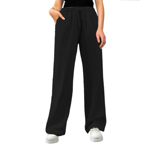 leinenhose schwarz damen, Musselin Hose Damen Lang Leicht Sommerhose Stoffhose Einfarbig Weites Bein Freizeithose Gerade Geschnitten Leinenhose Casual Locker Strandhose mit Tunnelzug und Taschen von pxjsdwe