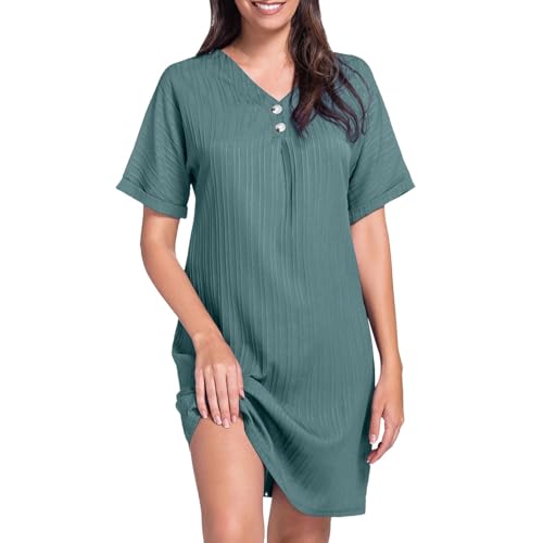 luftige sommerkleider, Musselin Kleid Damen Sommer Kurzarm Strandkleid Freizeitkleid V-Ausschnitt Casual Sommerkleid Blusenkleid Einfarbig Elegant Midikleid Hemdkleid Leicht Locker Luftig Shirtkleid von pxjsdwe