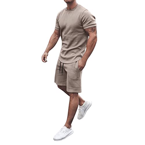 pxjsdwe 2 Teiliges Herren Trainingsanzug Set Sommer Sportanzug Leicht Outfit Sport Set Kurzarm T-Shirt + Kurze Hose Sets Freizeitanzug Männer Rundhals Oberteile Shorts Jogginganzug Zweiteiliges Set von pxjsdwe