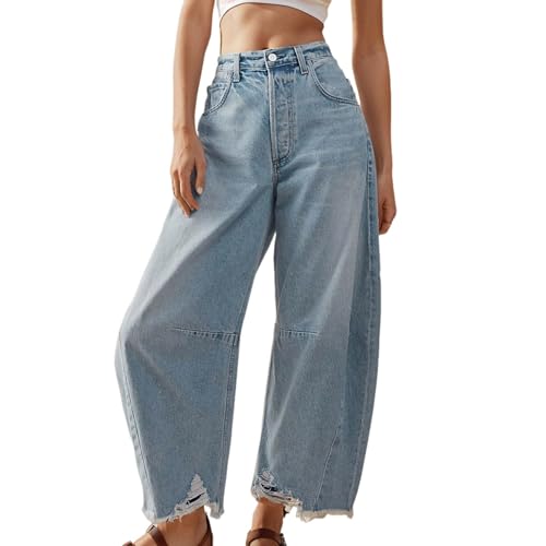 pxjsdwe 7/8 Jeans Damen Barrel Jeans Damen Stretch Mid Rise Jeanshose Cropped Pants Denim Lose Baggy Jeans Y2k Weites Bein 7/8 Hose Damen Streetwear von pxjsdwe