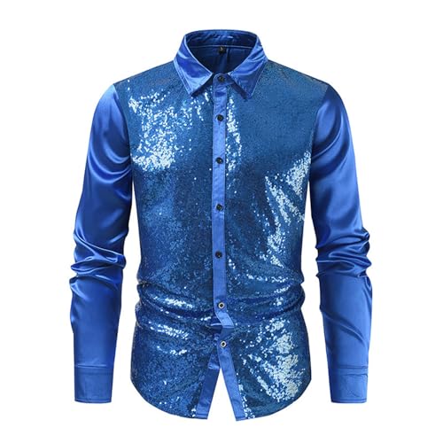 pxjsdwe 70er Jahre Outfit Herren XXL, Glitzer Hemd Herren Slim Fit Langarm Pailletten Hemd Metallic Glänzend Freizeithemd Knopfleiste Business Langarmhemd Glitzerhemd 70er Disco Party Kostüm von pxjsdwe