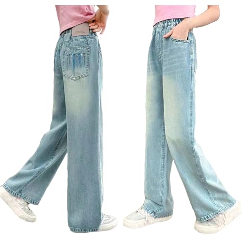 pxjsdwe Baggy Jeans Jungs 152, Baggy Jeans Mädchen Stretch Vintage Streetwear Weites Bein High Waist Denim Hosen Cargohose Y2k Straight Jeanshose Sommer Wide Leg Elastischer Schlaghose Pants von pxjsdwe