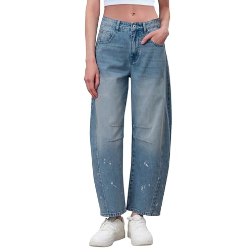 pxjsdwe Barrel Jeans Damen 7/8 Jeans Mid Rise Stretch Lose Cropped Pants Baggy Jeans Y2k Weites Bein Jeanshose Denim 7/8 Hose Damen Streetwear von pxjsdwe