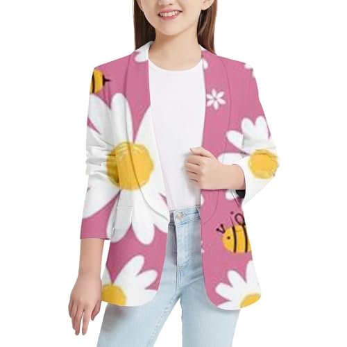 pxjsdwe Blazer Kinder mädchen, Blazer Mädchen Schwarz Revers Langarm Anzugjacke Slim Fit Mode Cardigan Jacke Bedrucken Elegant Blazerjacke Open Front Casual Sakko mit Innentasche Sommerjacke von pxjsdwe