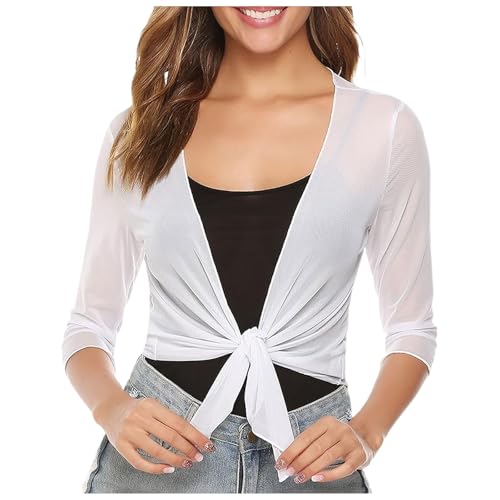 pxjsdwe Bolero jäckchen festlich mädchen, Bolero Damen Chiffon Sommer Cardigan Schulterjacke Leichte Kurz Strickjacke Jäckchen Elegant 3/4 Ärmel Bolerojacke Sommerjacke Festlich Dünne Kurze Jacke von pxjsdwe