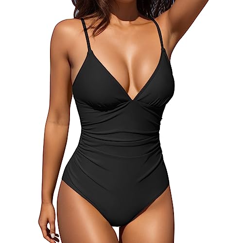 pxjsdwe Damen Badeanzug Einteiliger Sexy Push Up Große Größe Badeanzüge Swimsuit Sport Schwarz Rückfrei Monokini Bauchweg Badeanzug mit Shaping Effekt mit Bein Sommer Strandmode Bademode Burkini von pxjsdwe