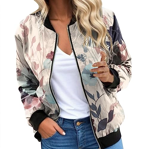 pxjsdwe Damen Bomberjacke Leichte Reißverschluss Übergangsjacke College Jacke Kurz mit Blumenmuster Fliegerjacke Bomberjacke Langarm Casual Blouson Jacke Loose Sport Pilotenjacke Sweatjacke von pxjsdwe