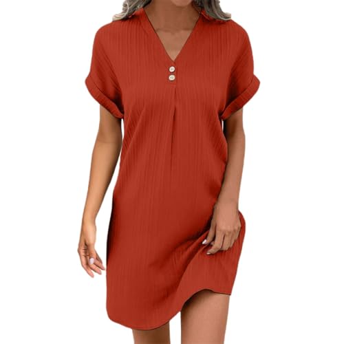 pxjsdwe Damen Kleider, Musselin Kleid Damen Sommer Kurzarm Strandkleid Freizeitkleid V-Ausschnitt Casual Sommerkleid Blusenkleid Einfarbig Elegant Midikleid Hemdkleid Leicht Locker Luftig Shirtkleid von pxjsdwe