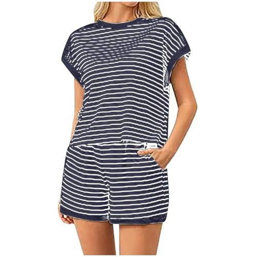 pxjsdwe Damen Pyjama Sommer, Schlafanzug Damen Kurz Zweiteiliger Sommer Nachtwäsche Baumwolle Shorty T-Shirt und Shorts Sleepwear Kurzarm mit Taschen Schlafanzüge Pyjama Set Große Größen Pyjamaset von pxjsdwe