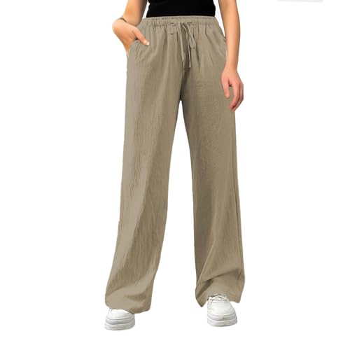 pxjsdwe Damen Sommerhose, Musselin Hose Damen Lang Leicht Sommerhose Stoffhose Einfarbig Weites Bein Freizeithose Gerade Geschnitten Leinenhose Casual Locker Strandhose mit Tunnelzug und Taschen pxjsdwe Damen Sommerhose, Musselin Hose Damen Lang Leicht Sommerhose Stoffhose Einfarbig Weites Bein Freizeithose Gerade Geschnitten Leinenhose Casual Locker Strandhose mit Tunnelzug und Taschen von pxjsdwe