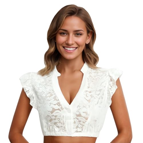 pxjsdwe Dirndlbluse Damen modern, Dirndl Bluse Damen Flügelärmel Dirndlbluse Trachtenbluse Weiß V Ausschnitt Dirndlblusen Spitze Elegante Kurzarm Tracht Blusen Spitzenbluse Oktoberfest Kostüm M von pxjsdwe