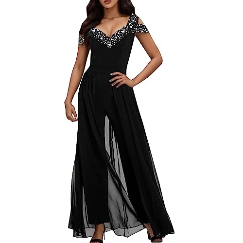 pxjsdwe Elegantes Outfit Damen Komplett Hochzeit Festlich Elegant Jumpsuit Pailletten Overall Lang Cocktail Langarm Outfit Hosenanzug Hohe Taille Glitzer Party Mit Weitem Bein Romper Playsuit von pxjsdwe