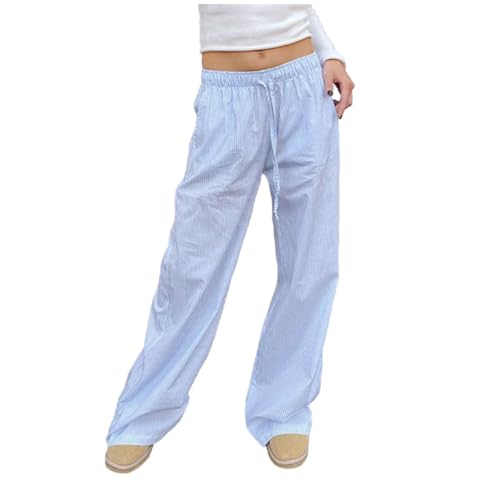 pxjsdwe Gestreifte Leinenhose Damen Gestreift Strandhose Lang Sommer Freizeithose Leinen Hosen Leicht Casual Bequeme Sommerhose Stoffhose mit Taschen Locker Pyjama Hose von pxjsdwe