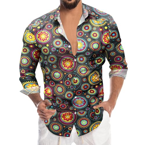pxjsdwe Herren Regular Fit Geblümt Business Hemd Langarm Print Freizeithemd Party Silvester Hippie Hawaii Hemd Männer Disco 80Er Jahre Outfit Rüschenhemd von pxjsdwe