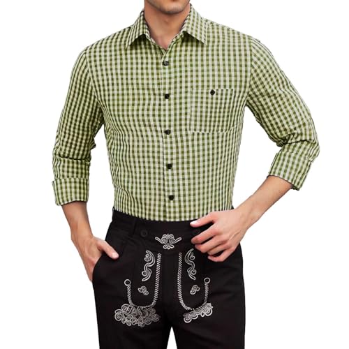 pxjsdwe Herren Trachtenhemd, Trachtenhemd Herren Weiß Slim Fit Langarm Oktoberfest Hemd mit Stehkragen Mode Freizeithemd Trachten Hemden Männer Casual Langarmhemd Grün L von pxjsdwe