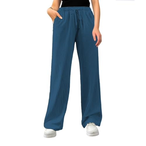 pxjsdwe Hosenrock Damen lang, Musselin Hose Damen Lang Leicht Sommerhose Stoffhose Einfarbig Weites Bein Freizeithose Gerade Geschnitten Leinenhose Casual Locker Strandhose mit Tunnelzug und Taschen von pxjsdwe