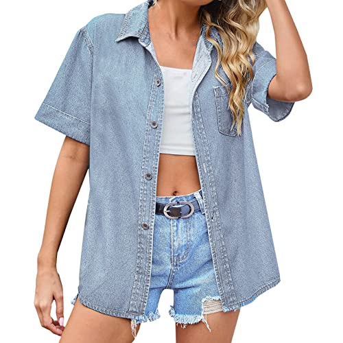pxjsdwe Jeansbluse Damen Langarm mit druckknöpfen, Jeanshemd Damen Kurzarm mit Brusttaschen Jeansjacke Sommer Button Down Jeansbluse Denim Hemd Casual Oversize Hemdbluse Oberteile Weich Regular Fit von pxjsdwe
