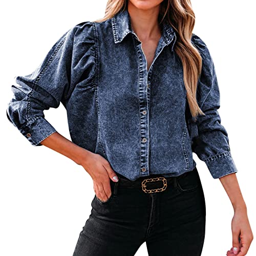 pxjsdwe Jeansbluse Damen eng, Jeansbluse Damen Lang Button Down Langarm Jeanshemd Denim Hemd Sommer Oversize Hemdbluse Jeansjacke Casual mit Brusttaschen Oberteile Leichte Große Größen Freizeithemd von pxjsdwe