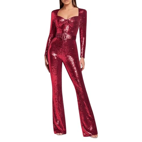 pxjsdwe Jumpsuit Damen Elegant Pailletten Hohe Taille Festlich Hochzeit Hosenanzug Glitzer Jumpsuit Langarm Outfit Overall Cocktail Party Lang Neckholder Playsuit Romper von pxjsdwe