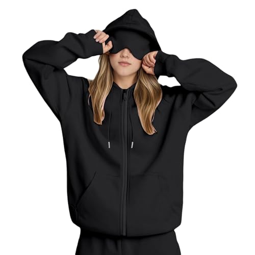 pxjsdwe Kapuzenjacke Damen schwarz, Hoodie Damen Herren mit Integrierter Augenmaske Travel Kapuzenpullover Reißverschluss Sweatjacke Einfarbig Oversize Casual Kapuzenjacke Sportjacke Schwarz XXL von pxjsdwe