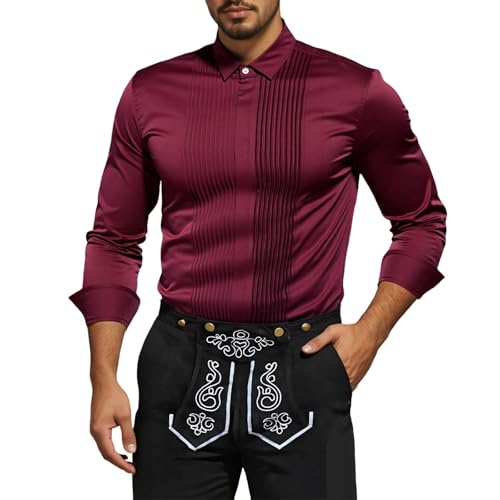 pxjsdwe Kariertes Hemd Herren Oktoberfest, Trachtenhemd Herren Weiß Slim Fit Langarm Oktoberfest Hemd mit Stehkragen Mode Freizeithemd Trachten Hemden Männer Casual Langarmhemd Weinrot L von pxjsdwe