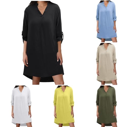 pxjsdwe Kleid Damen, Musselin Kleid Damen Sommer Kurzarm Strandkleid Freizeitkleid V-Ausschnitt Casual Sommerkleid Blusenkleid Einfarbig Elegant Midikleid Hemdkleid Leicht Locker Luftig Shirtkleid von pxjsdwe