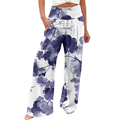 pxjsdwe Leinenhose Damen Sommer Leicht Stoffhose mit Blumenmuster Casual Boho Strandhose Sommerhose Lange Baumwolle Freizeithose Loose High Waist Leinen Hose Lässige Weite Beine Jogginghose Frauen von pxjsdwe