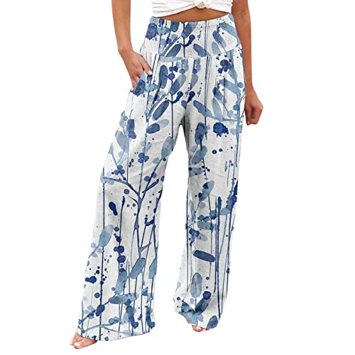 pxjsdwe Leinenhose Damen Sommer Leicht Stoffhose mit Blumenmuster Casual Boho Strandhose Sommerhose Lange Baumwolle Freizeithose Loose High Waist Leinen Hose Lässige Weite Beine Jogginghose Frauen von pxjsdwe