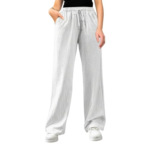 pxjsdwe Leinenhose weiß Damen, Musselin Hose Damen Lang Leicht Sommerhose Stoffhose Einfarbig Weites Bein Freizeithose Gerade Geschnitten Leinenhose Casual Locker Strandhose mit Tunnelzug und Taschen von pxjsdwe