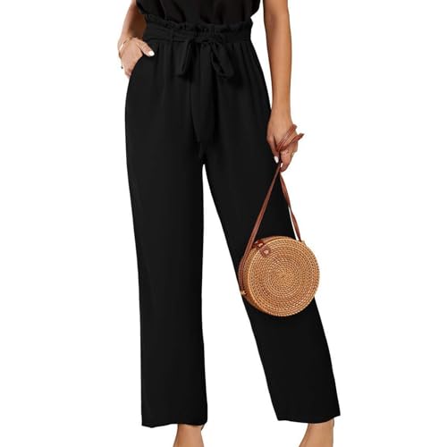 pxjsdwe Marlenehose Damen, Musselin Hose Damen Lang Leicht Sommerhose Palazzo Hose Hohe Taille Baggy Marlenehose Stoffhose Weites Bein Einfarbig Freizeithose Elegant Bequeme Weite Hosen mit Taschen von pxjsdwe