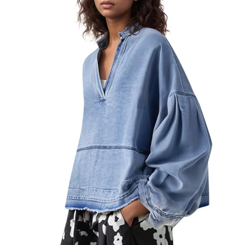 pxjsdwe Oberteil Damen, Jeans Hemden Damen Button Down Oversize Oberteile Jeanshemd mit Brusttaschen Casual Hemdbluse Jeansbluse Langarm Sommer Denim Hemd Jeansjacke Locker Western Blusenshirt von pxjsdwe