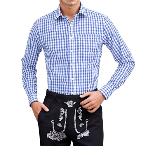 pxjsdwe Oktoberfest Hemd Herren, Trachtenhemd Herren Weiß Slim Fit Langarm Oktoberfest Hemd mit Stehkragen Mode Freizeithemd Trachten Hemden Männer Casual Langarmhemd Blau L von pxjsdwe