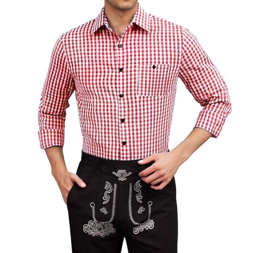 pxjsdwe Oktoberfest Herren Hemd, Trachtenhemd Herren Weiß Slim Fit Langarm Oktoberfest Hemd mit Stehkragen Mode Freizeithemd Trachten Hemden Männer Casual Langarmhemd Rot 3XL von pxjsdwe