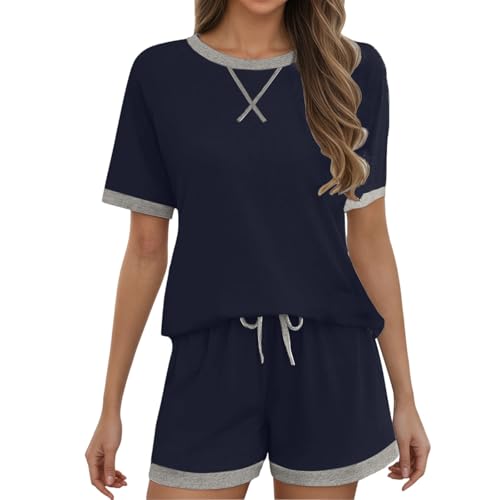 pxjsdwe Pyjama Baumwolle Damen, Sommer Schlafanzug Damen Shorty Kurzarm Schlafanzüge Loungewear Baumwolle Pyjama Set Zweiteiliger mit Taschen Sleepwear Nachtwäsche Hautfreundlich Pyjamaset von pxjsdwe