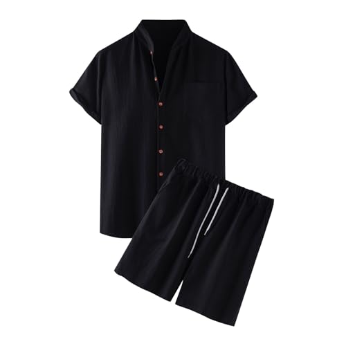 pxjsdwe pyjama herren kurz, Zweiteiler Herren Leinenanzug Sommer Kurz Schlafanzug Freizietianzug Einfarbig 2 Teiler Kurzarm Button-Up Revers Hemd und Shorts Leicht Baumwolle Leinen Strand Outfit von pxjsdwe